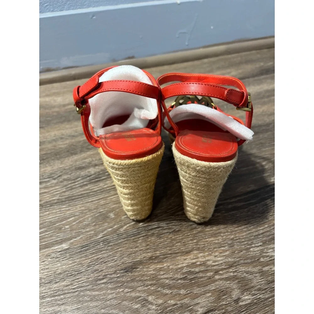 Michael Kors Red‎ Leather Espadrille Wedge Sandals MK Logo Gold Hardware 8M
